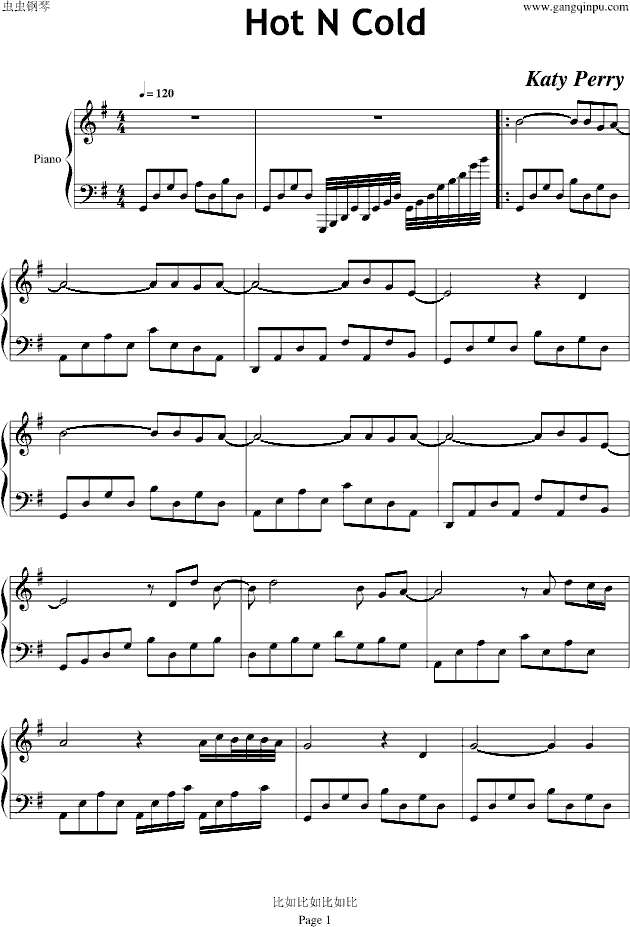 piano sheet music hot n cold www gangqinpu com cold sheet