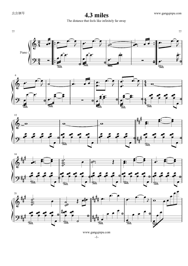 大雾C调钢琴曲谱_大雾钢琴曲谱