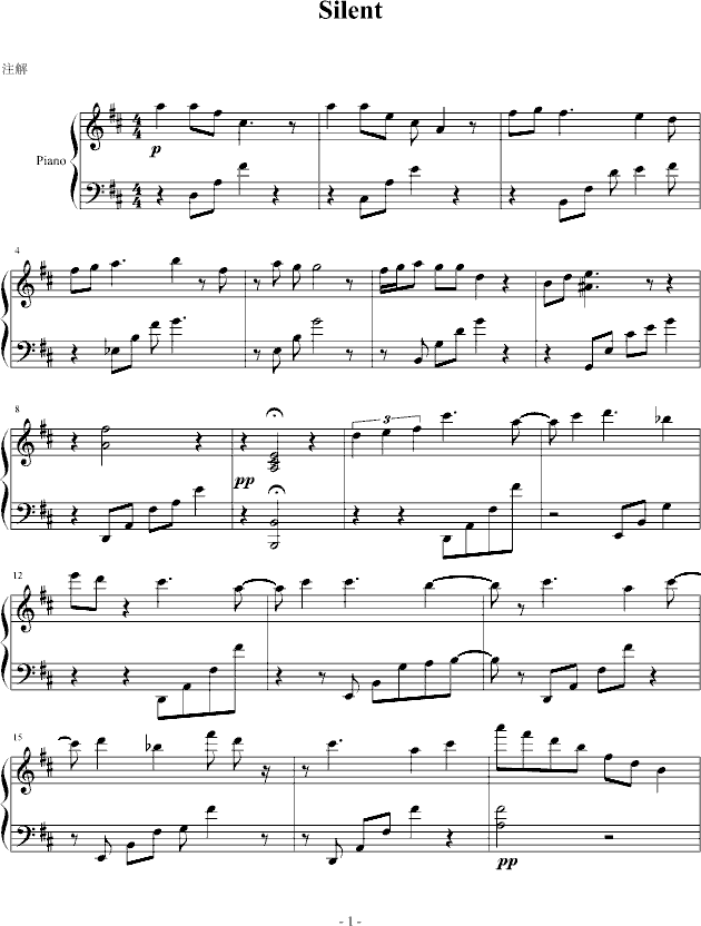 silent,silent钢琴谱,silent-钢琴谱,silent钢琴谱大全,虫虫钢琴谱