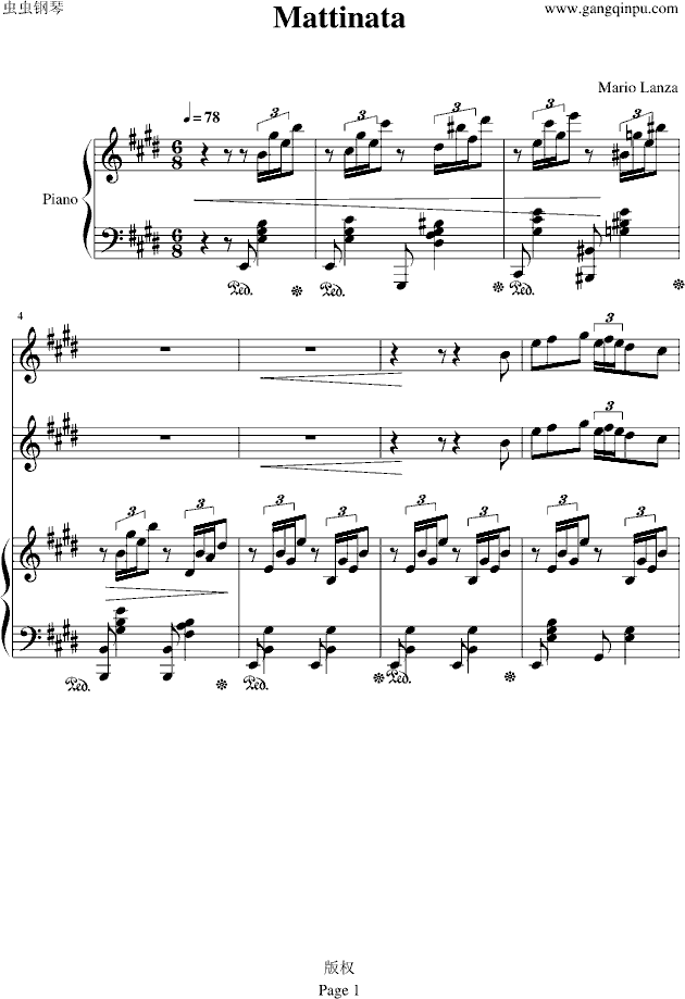 mattinata(黎明),mattinata(黎明)钢琴谱,mattinata(黎明)e大调钢琴谱