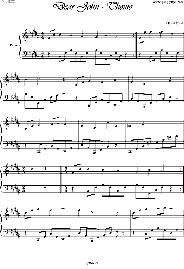 Piano Sheet Music Dear John Theme Www Gangqinpu Com