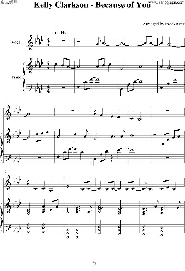 because of you,because of you钢琴谱,because of youbb调钢琴谱