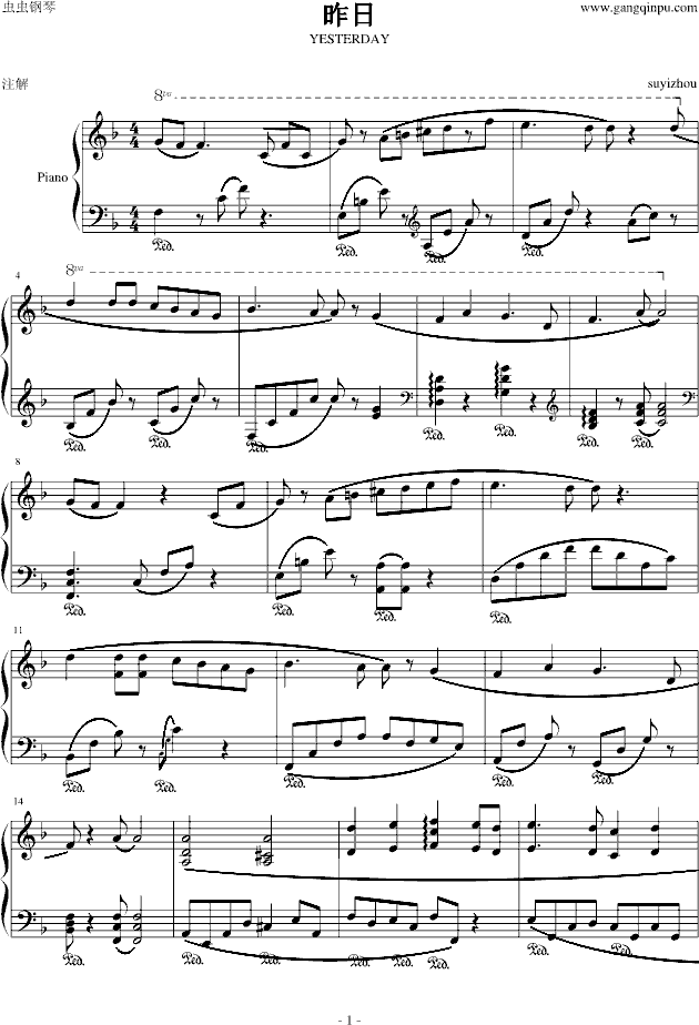 yesterday钢琴谱-suyizhou-虫虫钢琴