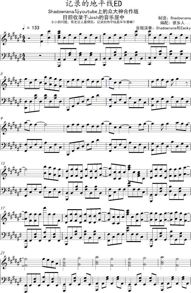 【娜娜】记录的地平线ed,【娜娜】记录的地平线ed钢琴谱,【娜娜】记录