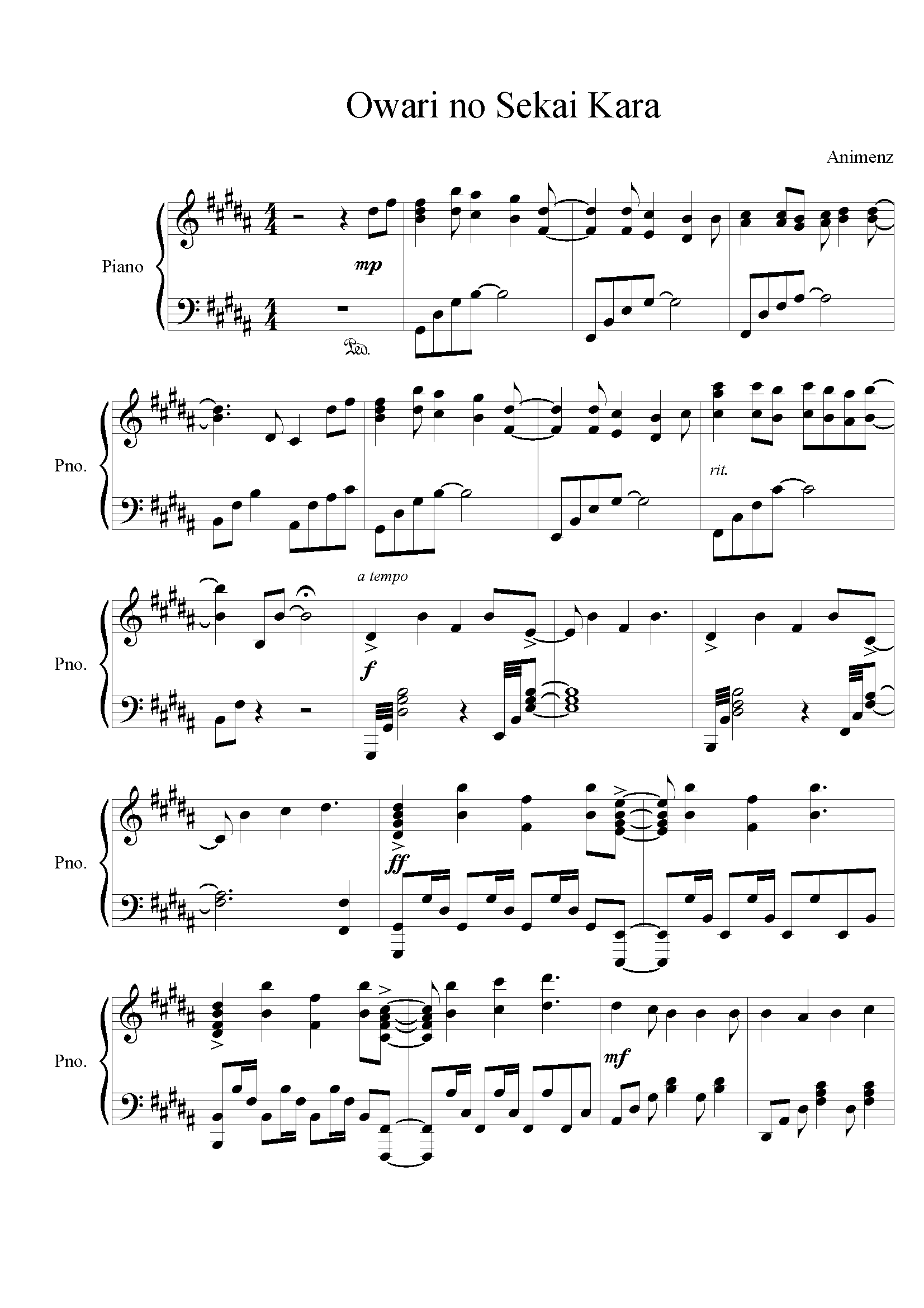 Piano Sheet Music 麻枝准 終わりの世界から Www Gangqinpu Com