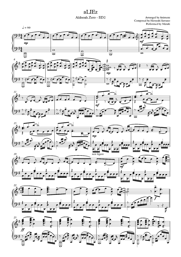Piano Sheet Music Aliez Animenzzz Www Gangqinpu Com
