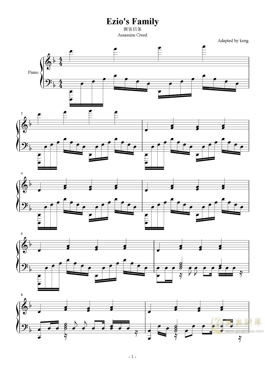 刺客的钢琴曲谱_刺客信条