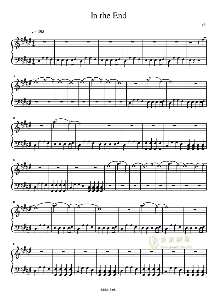 in the end钢琴谱_c#调独奏谱_linkinpark_钢琴独奏视频_原版钢琴谱