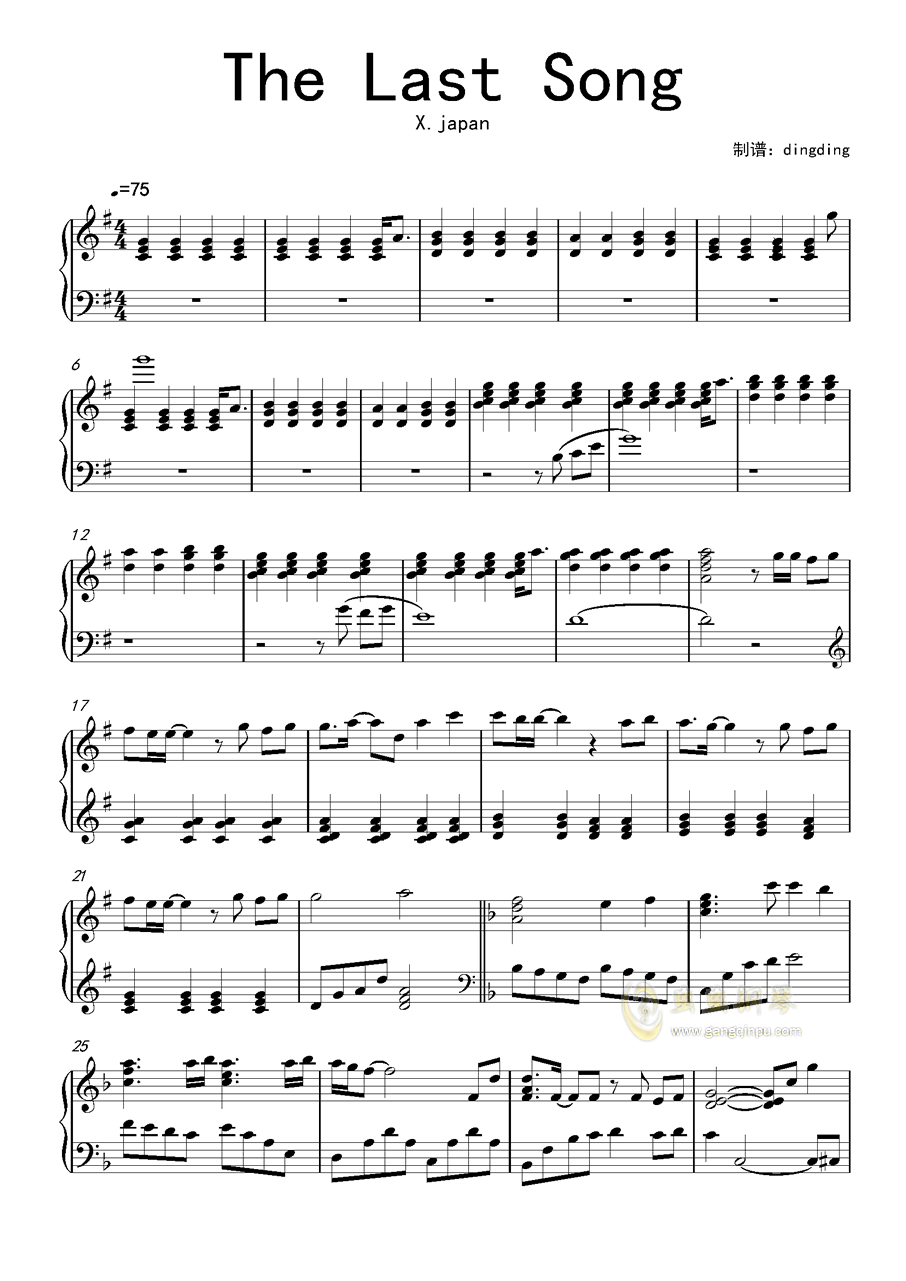 The Last Song钢琴谱 F调独奏谱 X Japan 钢琴独奏视频 原版钢琴谱 虫虫钢琴 钢琴谱 钢琴曲 乐谱 曲谱 五线谱 六线谱 高清免费下载