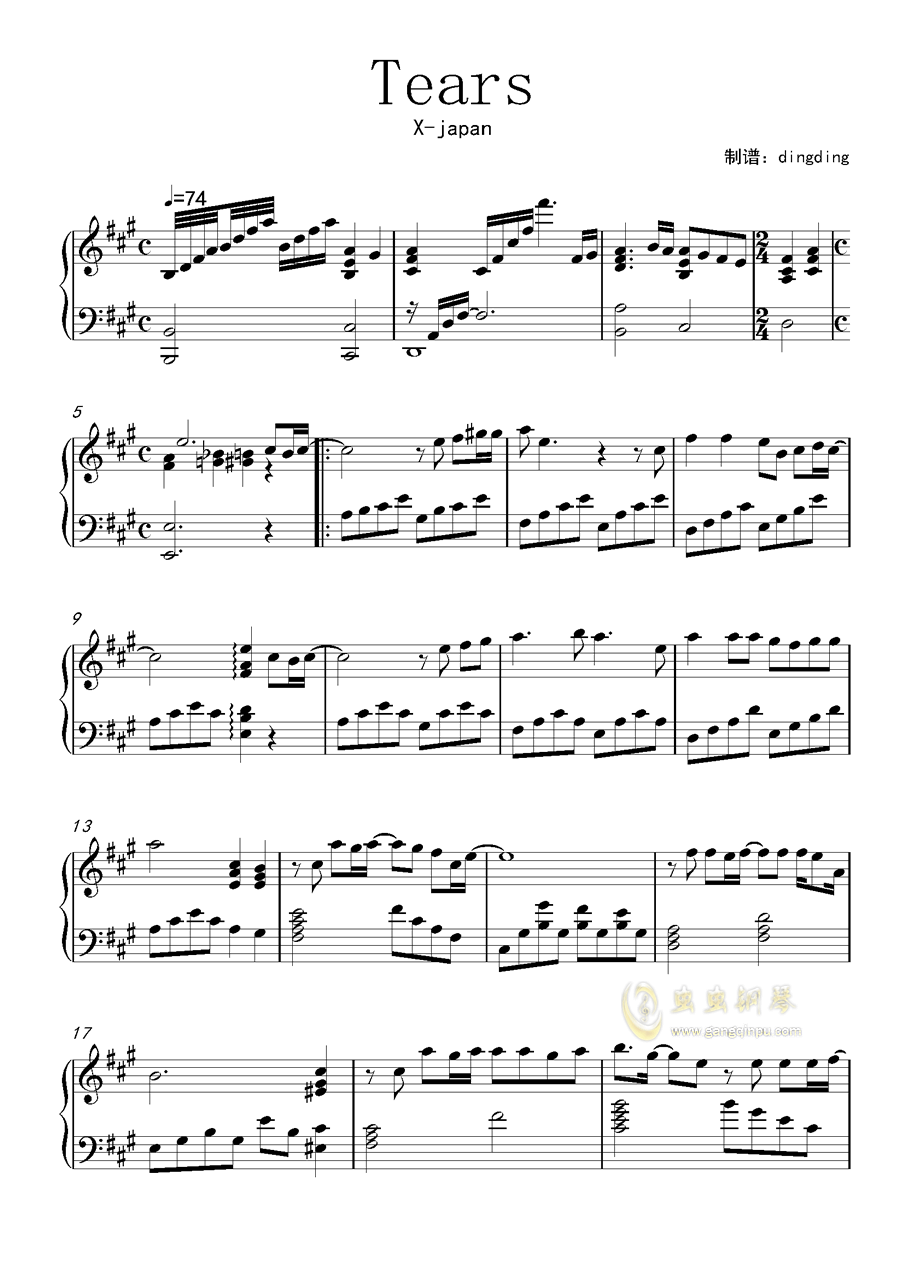 Tears钢琴谱 A调独奏谱 X Japan 钢琴独奏视频 原版钢琴谱 虫虫钢琴 钢琴谱 钢琴曲 乐谱 曲谱 五线谱 六线谱 高清免费下载