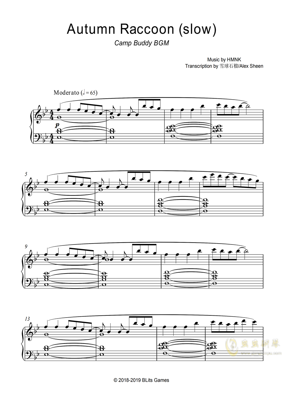 autumn raccoon(slow)【camp buddy】bgm钢琴谱-雪球石榴-虫虫钢琴