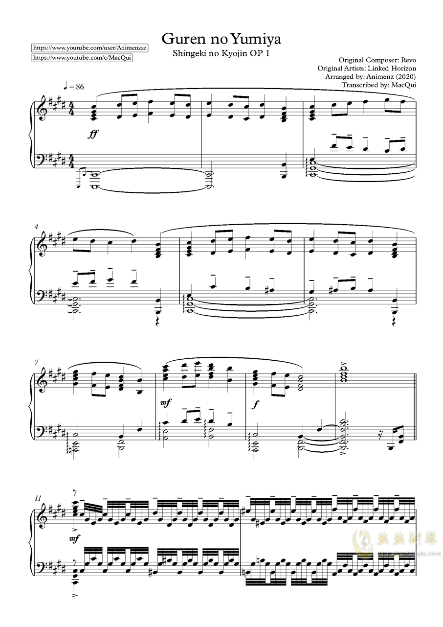 Guren No Yumiya钢琴谱 F 调独奏谱 Animenzzz 钢琴独奏视频 原版钢琴谱 虫虫钢琴 钢琴谱 钢琴曲 乐谱 曲谱 五线谱 六线谱 高清免费下载